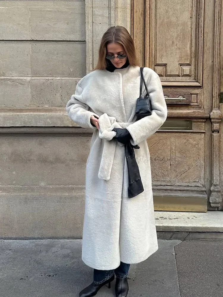 Women Elegant Lace Up Faux Fur Long Jacket Plush High Neck Full Sleeve Loose Warm Long Coats Lady Winter Commute Street Outwear