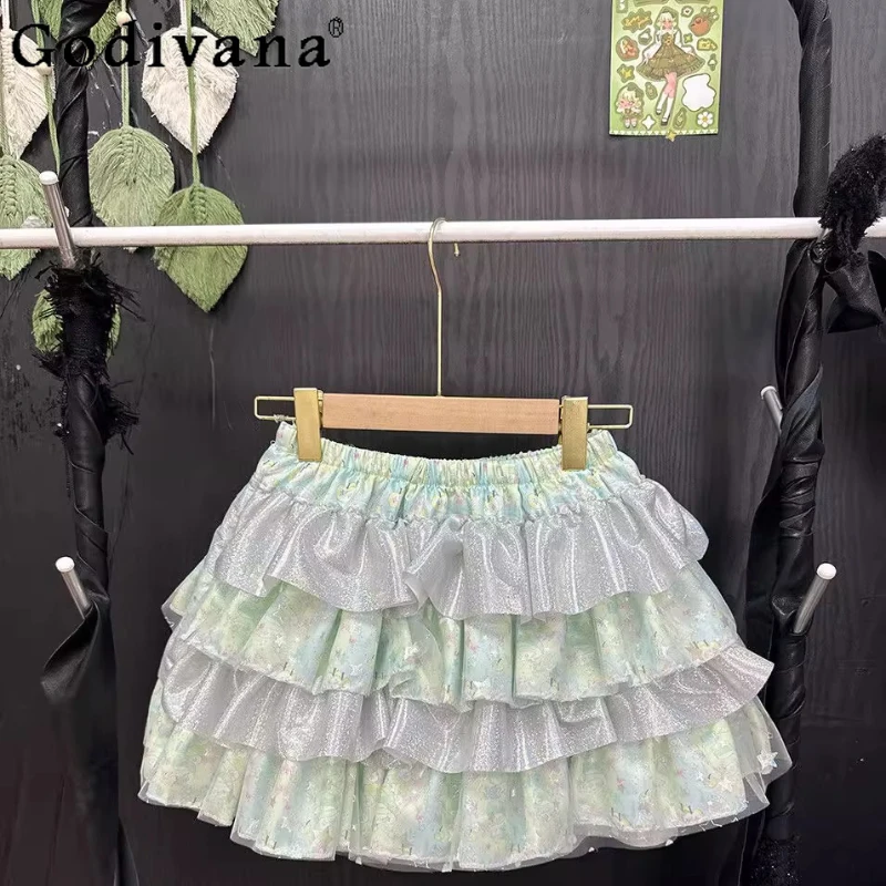 Original Handmade Mini Skirt Ladies Green Print Dopamine Y2k Bow Fluffy Cake Skirt Women's Summer High Waist Mini Skirt