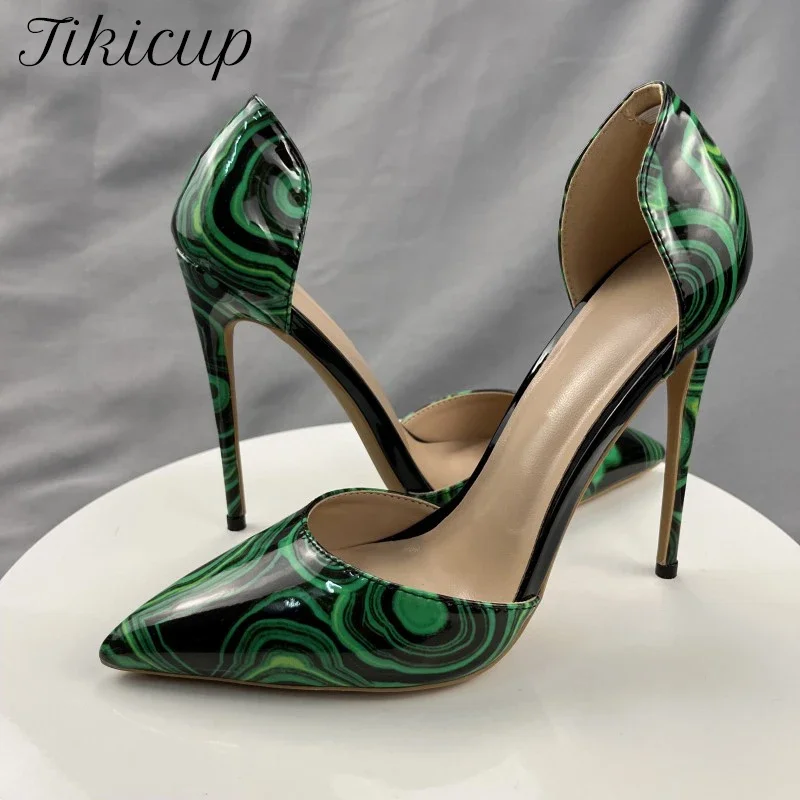 Tikicup Green Floral Print Women Pointy Toe Slip On High Heel Shoes Ladies Sexy D'orsay Dress Stiletto Pumps for Party Clubwear