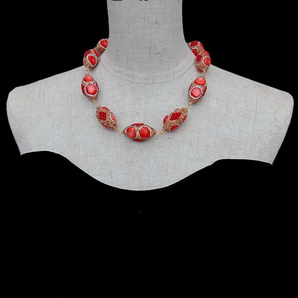 KKGEM 18x35mm Orange Red Coral Golden Crystal Pave Bead wrap Choker Necklace Fashionable Women