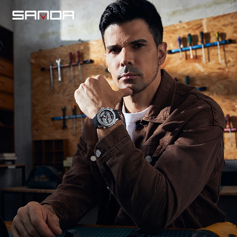 SANDA Top Luxury Men Quartz Watches Fashion Casual Sport LED Electronic Luminous Dual Display Waterproof Men Business Watches