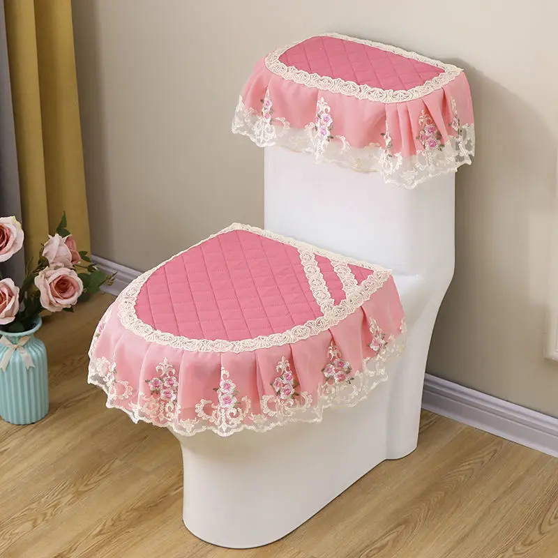 Set of Lace Toilet Seat Toilet Mat Fabric Thermal Zipper Toilet Seat Cover 3 Piece Set Fully Enclosed For Toilet