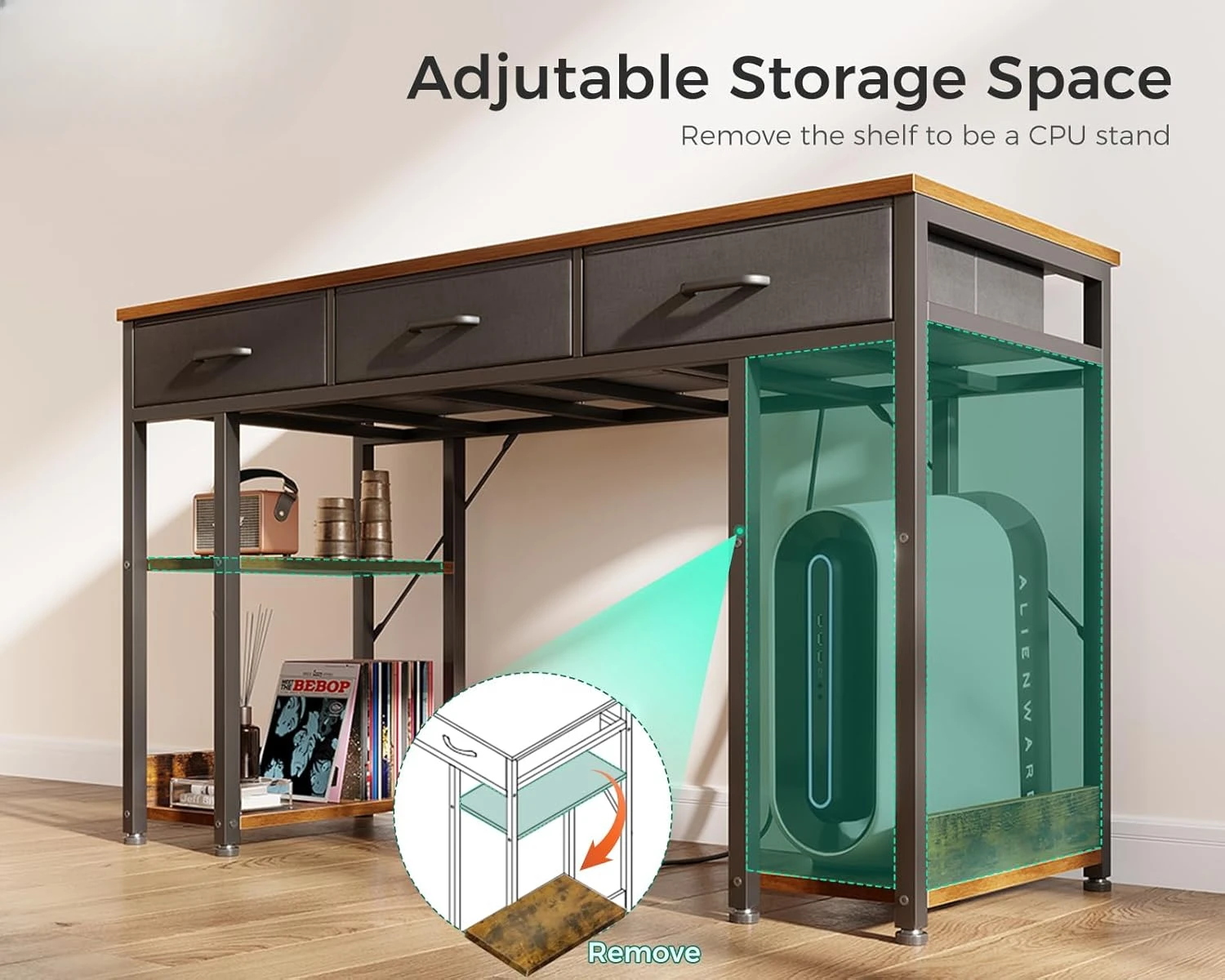 Office Desk with Fabric Drawers & Power Outlets, Computer Desk with Storage Shelves & CPU Stand, Study Table, Writing Desk