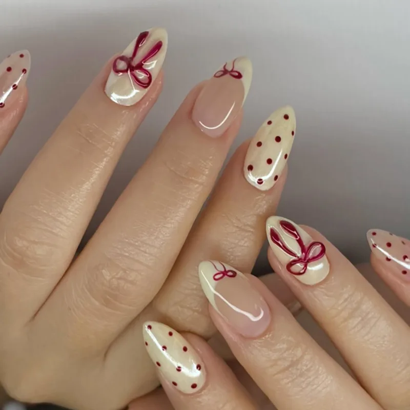24 piezas uñas postizas dulces desmontables con moños, corazones y perlas, almendra rosa coreana 5