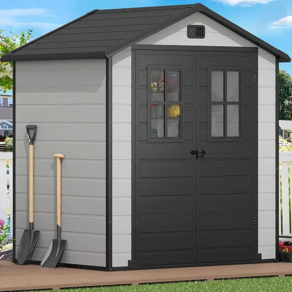 6x4.4ft Outdoor Plastic Storage Shed with 2 Windows, Suitable for Garden Tools, Lawn Mowers, and Patio Use, Lockable, Grey & Bla