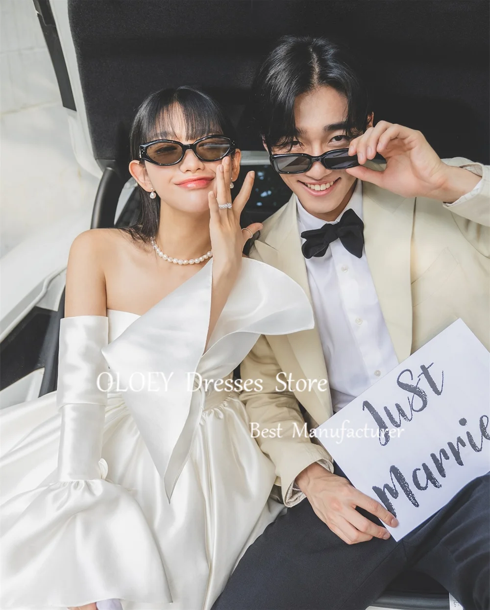 OLOEY marfil una línea vestido de novia sin tirantes Corea sesión de fotos plisado vestido de novia de satén mangas hasta el suelo hecho a medida