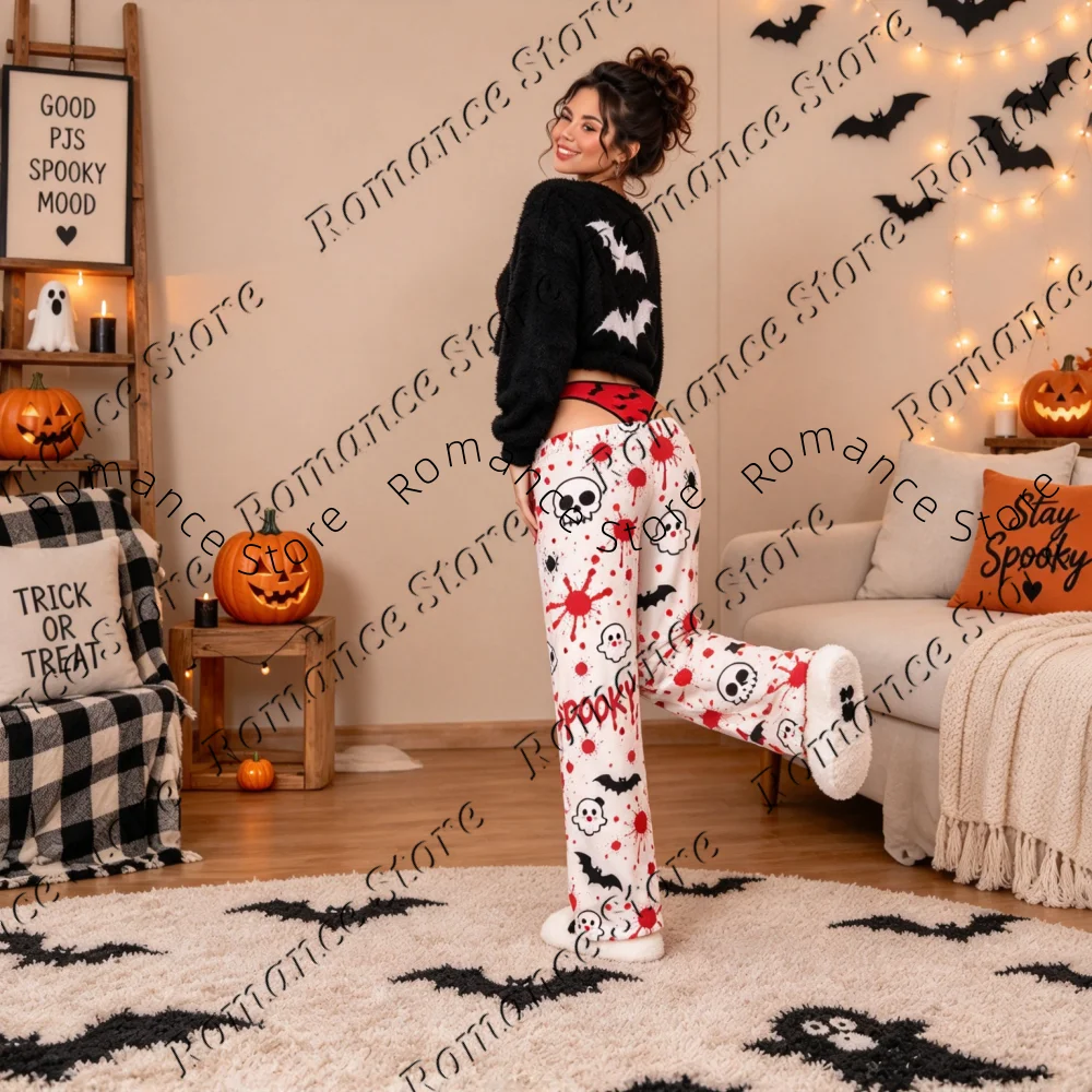 Spooky Halloween Ladies Sleep Pants Coral Fleece Ghost Cat Bat Print Loose Elastic Waist Cozy Winter Home Trousers Worn Outside