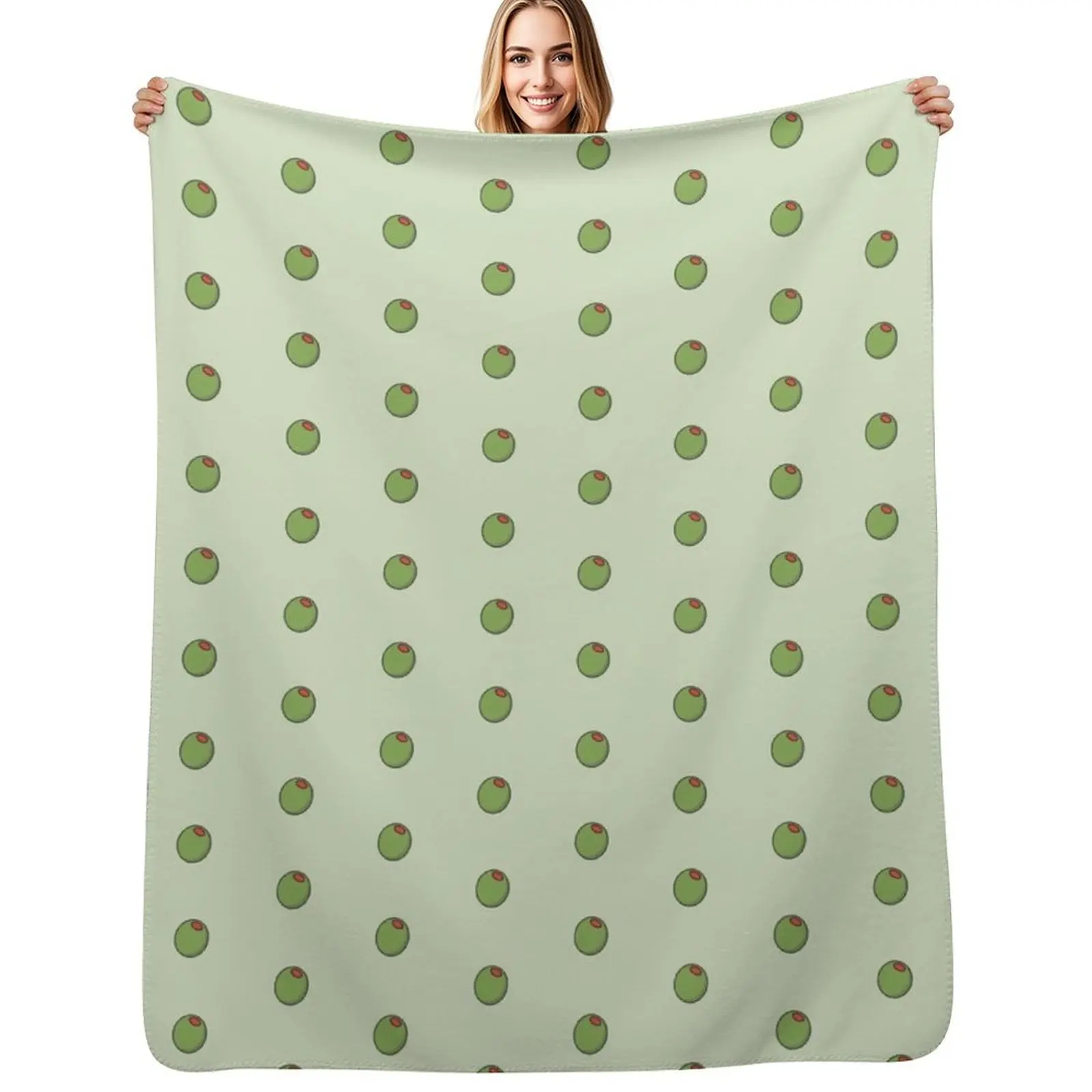 Linda manta con icono de oliva sobre fondo verde, manta acogedora de tamaño de viaje para avión o tren