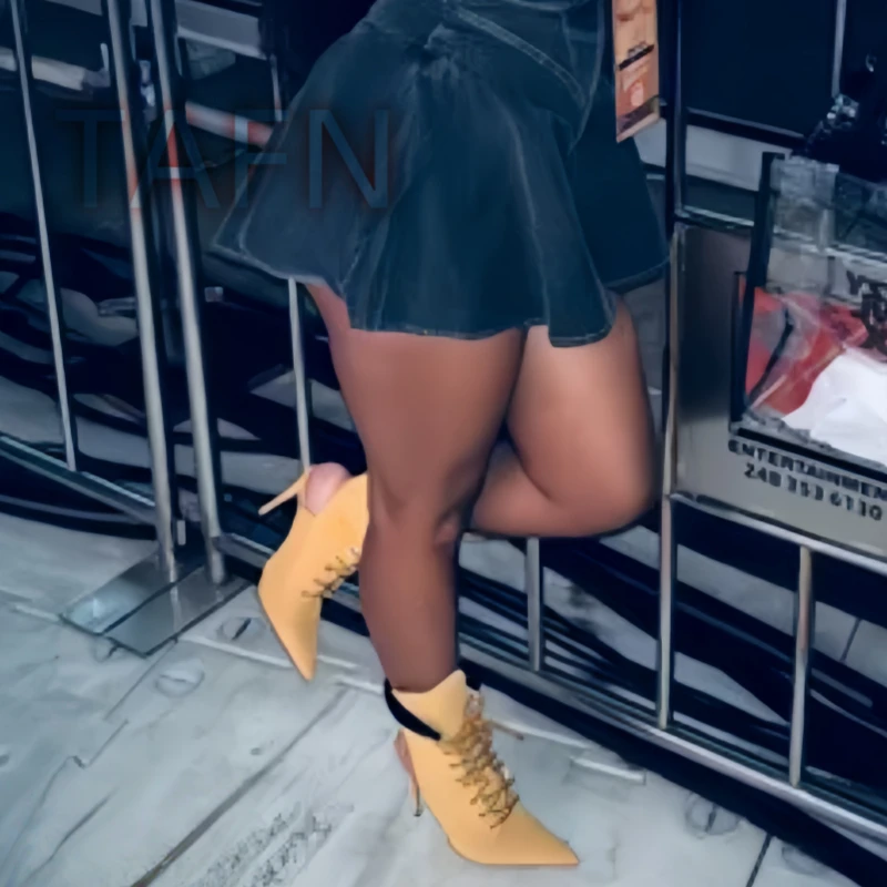 الأصفر الدانتيل يصل خنجر Bootie مثير مدبب تو Slingback الصنادل الأحذية عبر الأشرطة الصنادل 2025 الخريف النساء موضة حذاء بوت بطول الكاحل #6