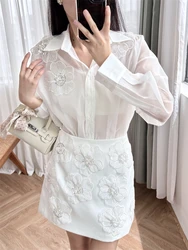 New 2024 High Quality Women Suit 3D Flower Embroidery Perspective Shirt and Short Skirt A-Line Solid Polo Collar High Street S