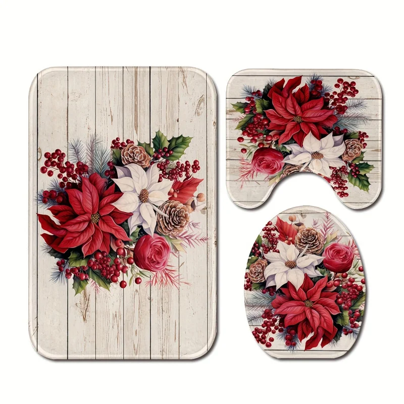 3pcs/ Christmas Flower Pine Cones Printed Floor , Three-piece Bathroom Set, Non-slip , Water-absorbent Mat, Toilet