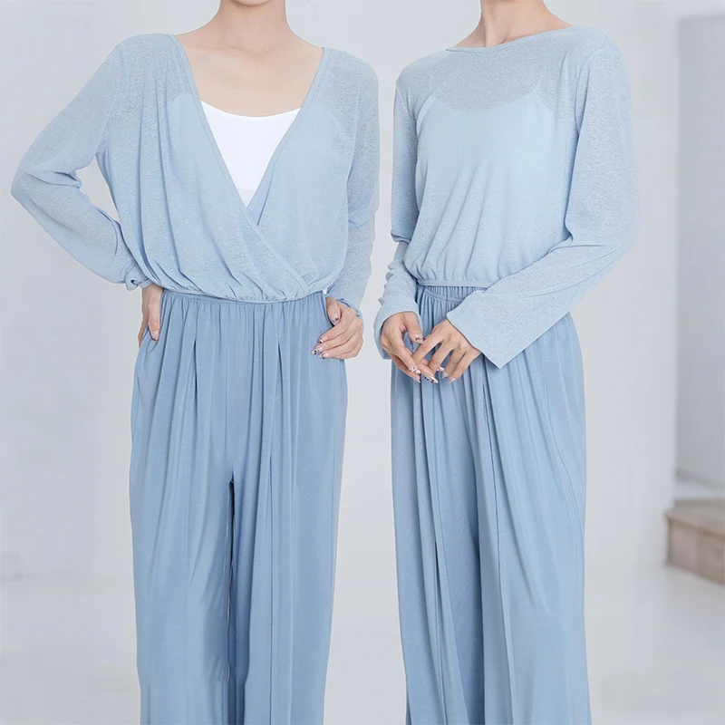 Top da donna classico per balletto, manica lunga, yoga, camicie di seta di bambù, pratica contemporanea, camicia di garza, costume da ballo per donna