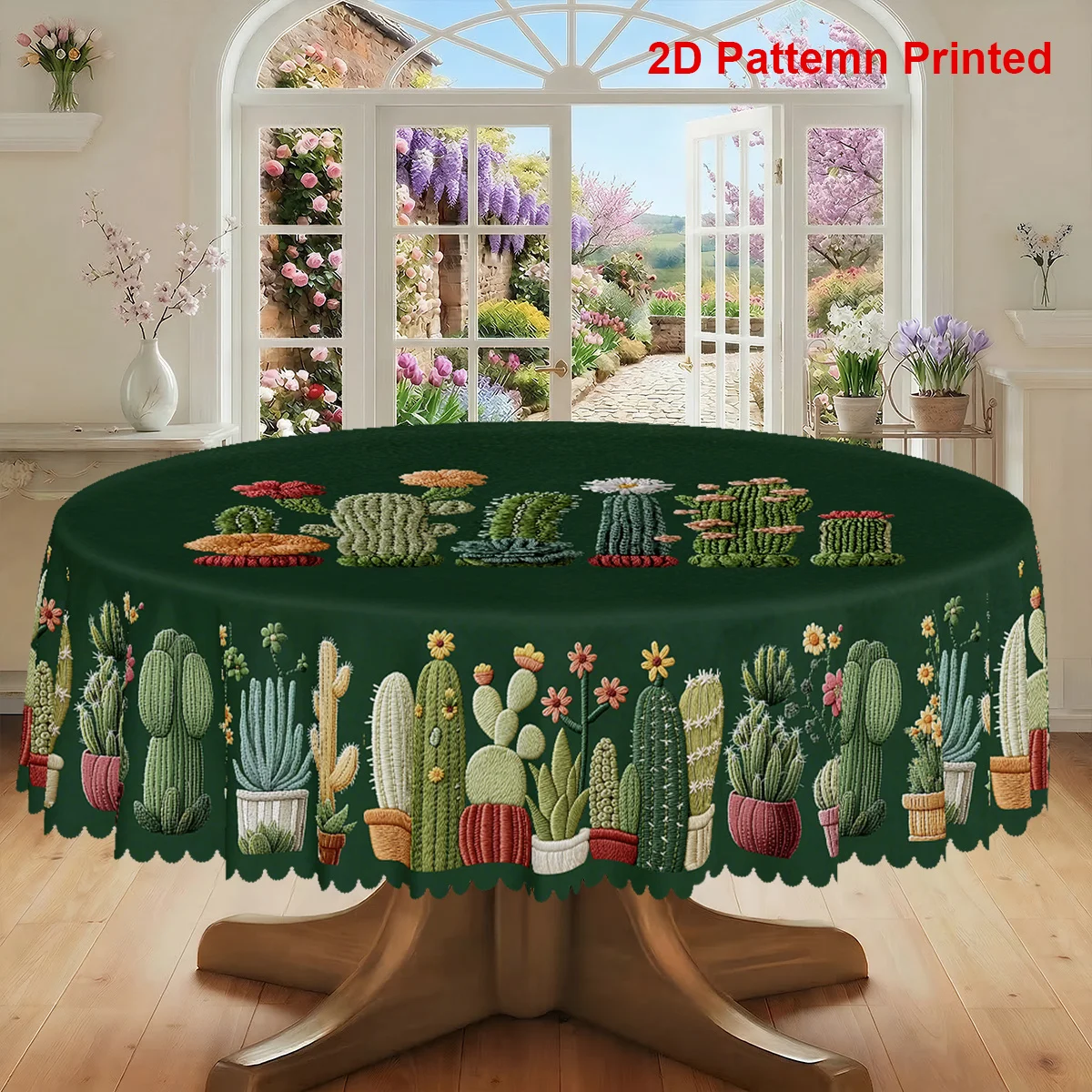 One tablecloth with a cactus theme, featuring a spring/summer green floral print design.