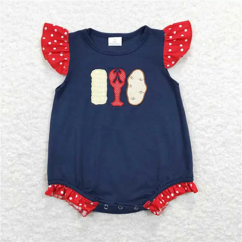 Wholesale Baby Boy Girl Short Sleeves Embroidery Crawfish Navy Blue Tunic Toddler Plaid Shorts Set Kids Children Summer Outfit