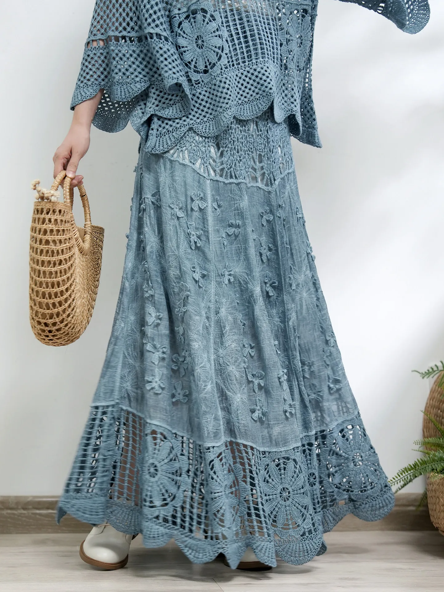 

TIYIHAILEY Long Maxi Skirt for Women Knitting Skirts Ladies Elastic Waist Spring Summer Fashion Tassels 2026 Blue Hollow Out