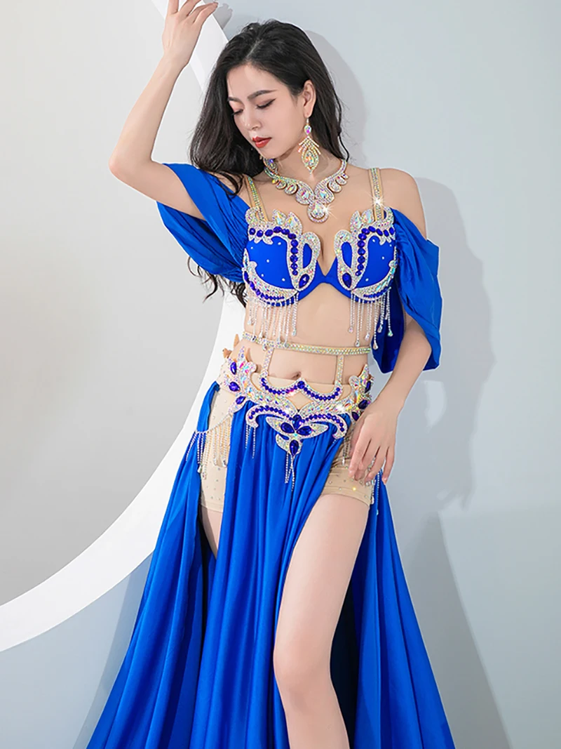 Women Sequin Flash Drill Belly Dance Double Split Gorgeous Large Swing Skirt Eastern Dancewear Competition Performance Costume