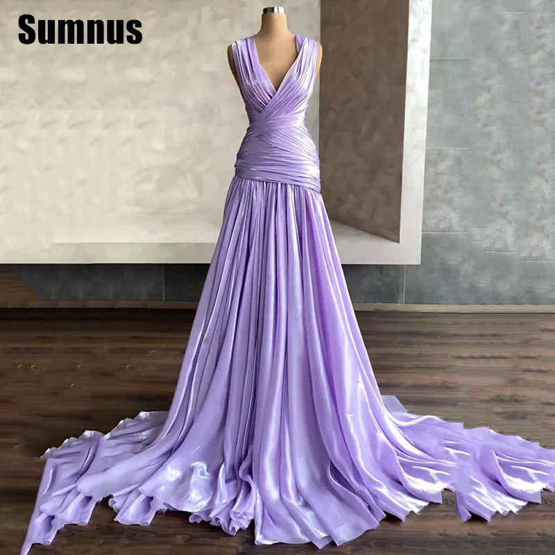 

Sumnus Formal Purple A-Line Evening Dresses Sleeveless V-Neck Draped Floor Length Prom Dresses فساتين سهرة Customized