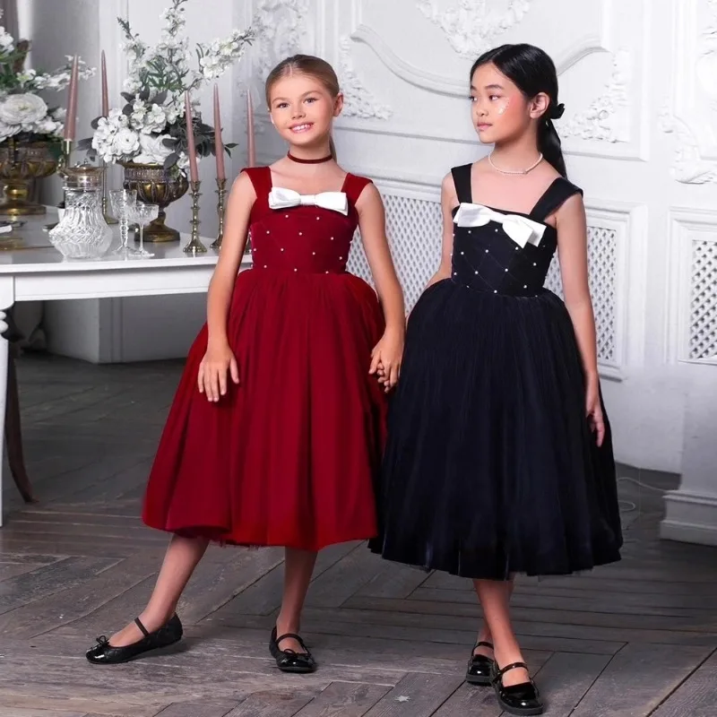 Girls Navy Blue Evening Dress Children Party Gown for Birthday Pageant Piano Performance Host Model Show Formal Wear Costume