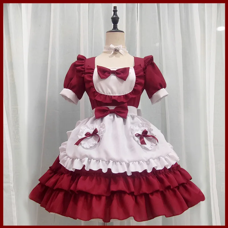 Red Maid Cosplay Dress Japanese Creamy Sweet Lolita Costume Cute Kawaii Waitress Outfits Full Set for Women Halloween Party
