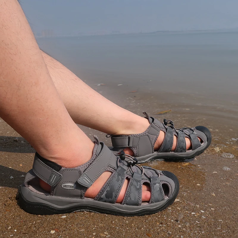 GRITION Sandalias de Trekking al aire libre para hombre, zapatos planos antideslizantes para evitar colisiones, zapatos de playa de secado rápido,