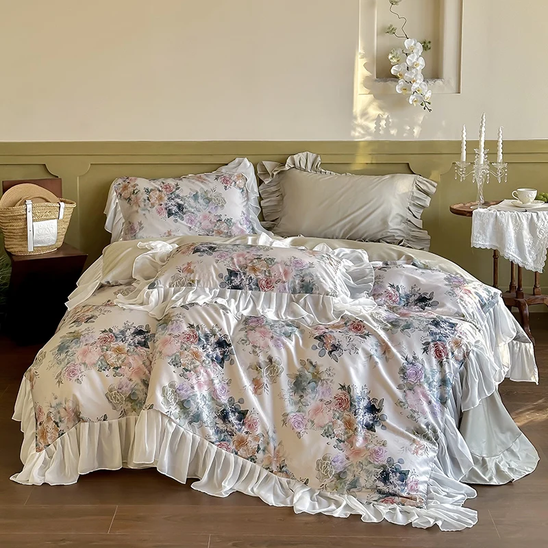 1000TC Egyptian Cotton Vintage French Lace Ruffles Floral Print Bedding Set Duvet Cover Set Bed Sheet/Fitted Sheet Pillowcases