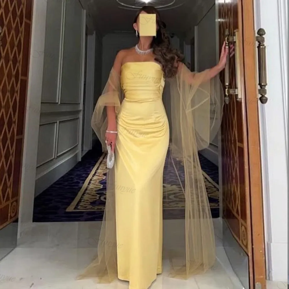 

Dubai Arabic Yellow Evening Gown for Women Elegant Party Mermaid Off Shoulder Satin Simple Formal Dress with Tulle Shawl