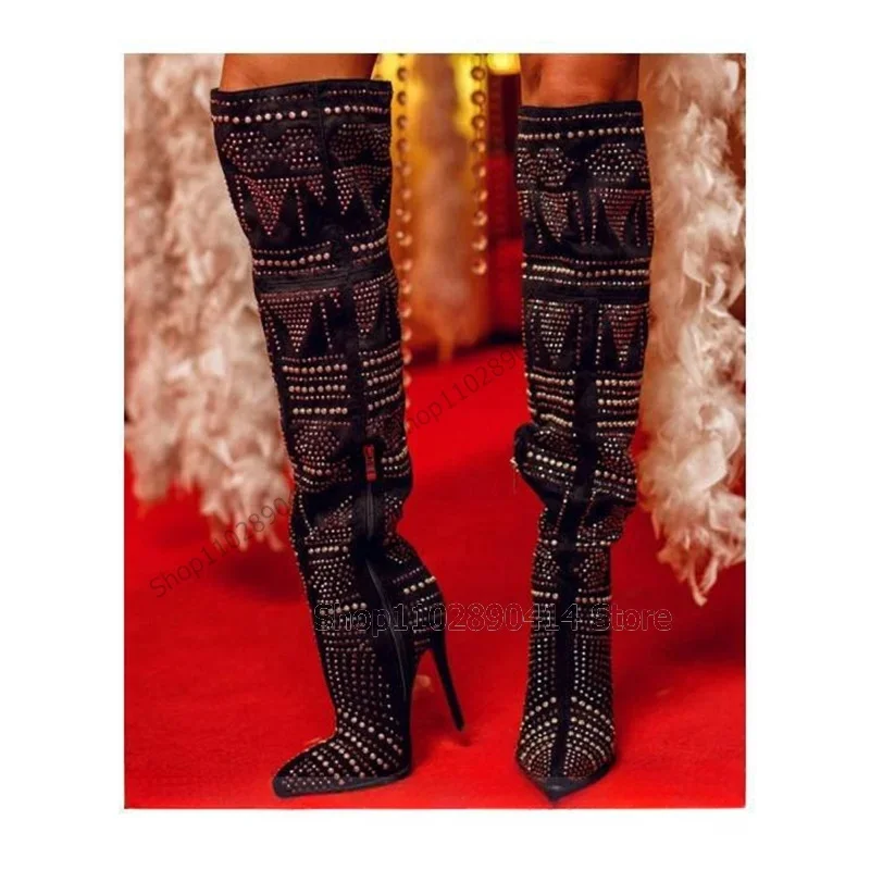 

Rhinestone Rivets Decor Black Pointed Toe Boots Side Zipper Women Shoes Thin High Heels Fashion Runway 2023 Zapatos Para Mujere