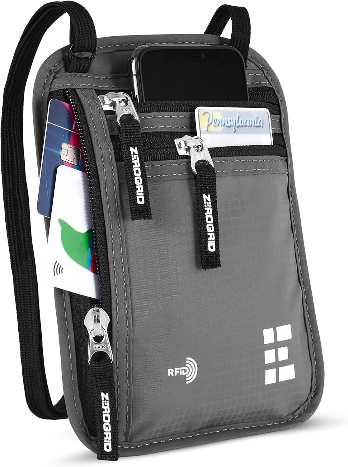 

Дорожный кошелек с защитой от RFID - тонкий нейлоновый чехол для паспорта, телефона, наличных и карт - водонепроницаемый, светло-серый