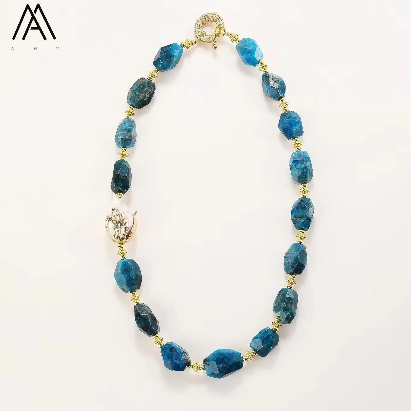 AMZ-ZJ2 Natural Blue Apatite Necklace Women Necklaces Irregular Facet 124g Statement Jewelry Gift Natural Stone Necklaces