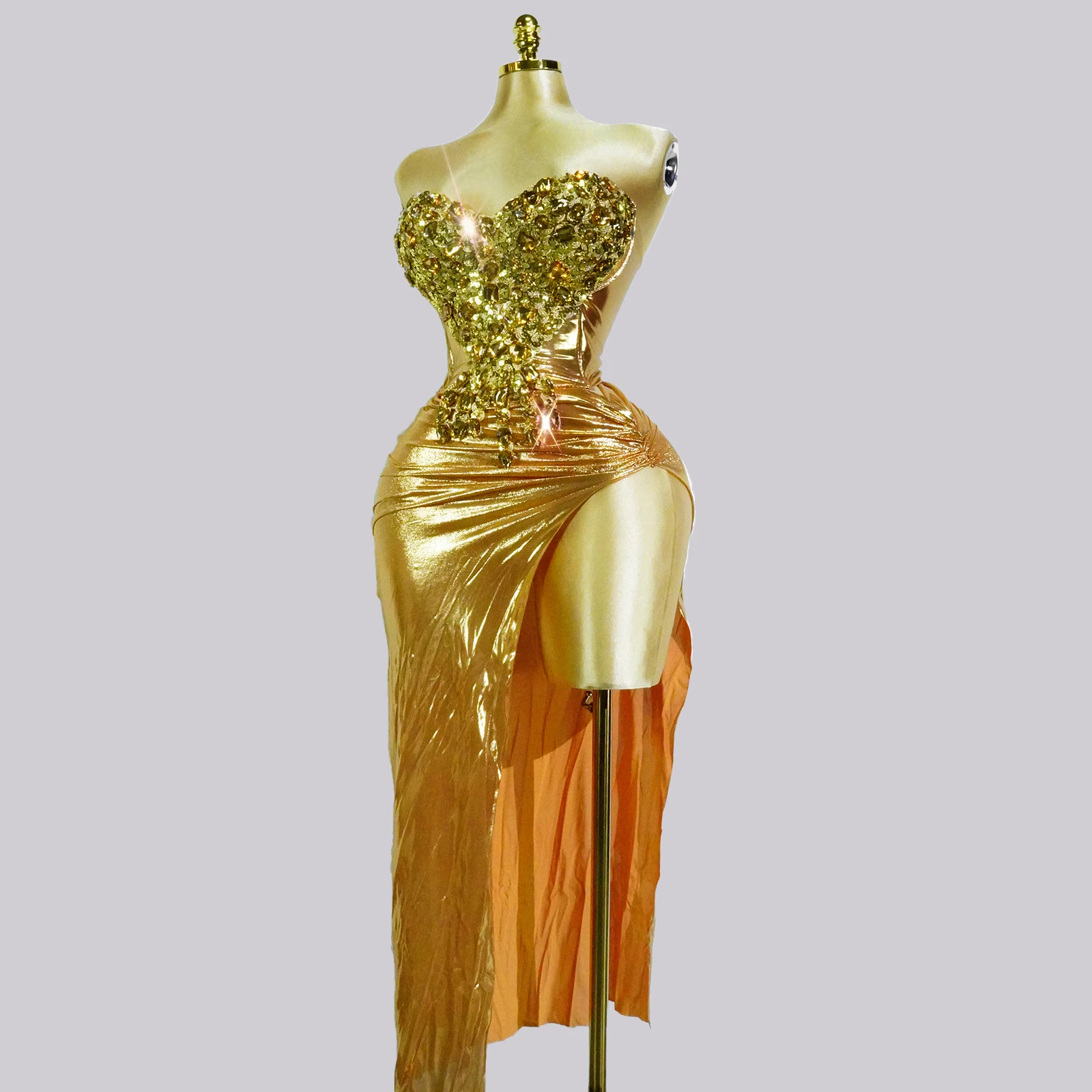 Glitter Gold Crystal 2 Piece Top And Skirt Drag Queen Outfit Dress Stage Singer Show Dance Festival Club Wedding Birthday Suit