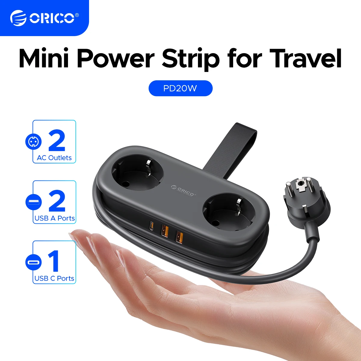 

ORICO AP3 EU Plug 20W PD Power Strip 2AC Outlets 2USB 1Type-C 1.53M Electrical Extension Cord Fast Charging for Home/Travle