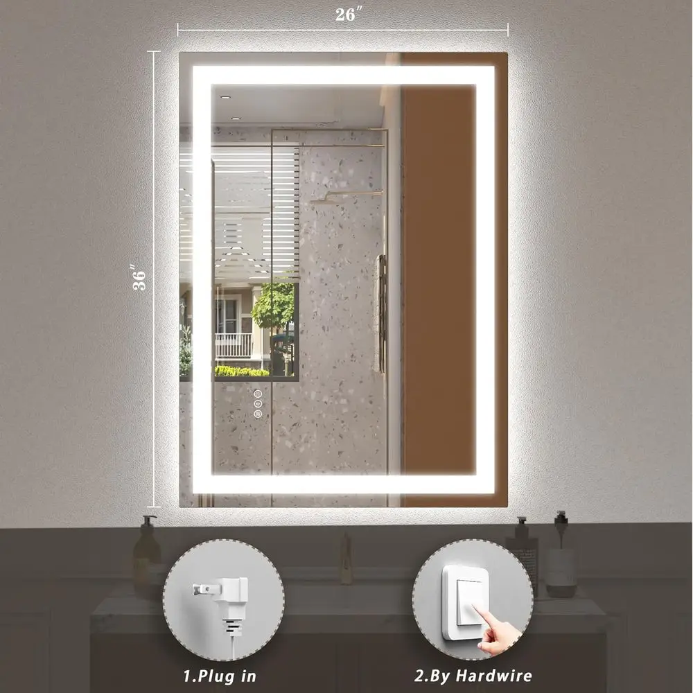 36-Wandmontierter LED-Kosmetikspiegel mit dimmbarer Beleuchtung, beschlagfrei, bruchsicher, ETL-zertifiziert