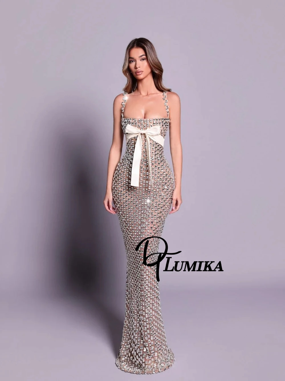 Fully Crystals Exquisite Evening Dress See Through Straight Customized Prom Gown With Bow Intricate Beading For Cocktail & Party