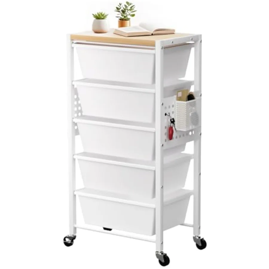 

Rolling Cart with 5 Drawers, Plastic Drawer Storage Carts with Wheels and Wooden Tabletop, Metal Utility Cart with Pegboards, O
