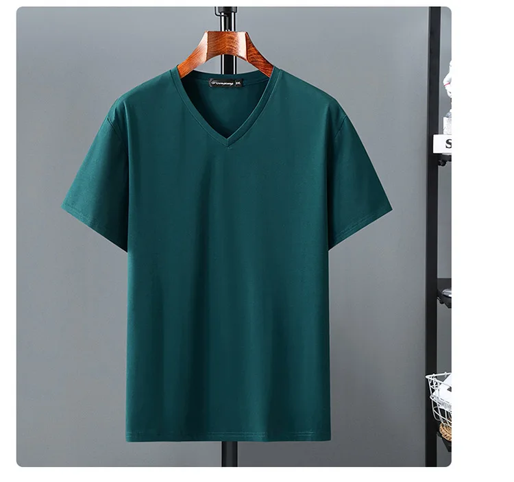 10xl 9xl youth men short-sleeved T-shirt tide V-neck plus size summer Solid Color Lycra cotton t-shirt loose 160kg