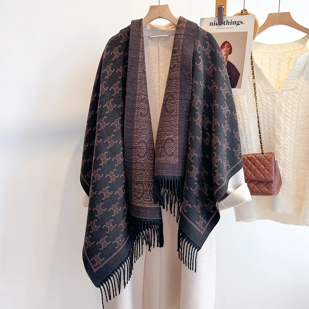 

2026 шарф из искусственного кашемира с буквенным принтом, женская шаль большого размера с кисточками, зимняя теплая двусторонняя мода