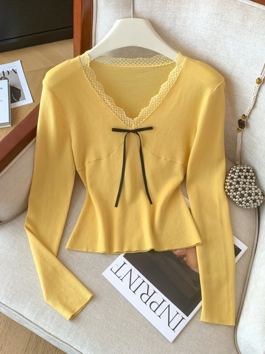 

Yellow Bowknot V-ne Long Sve Knitted Top Women's Autumn Winter Design Sense Lace Trim Splice ort Base Layer irt