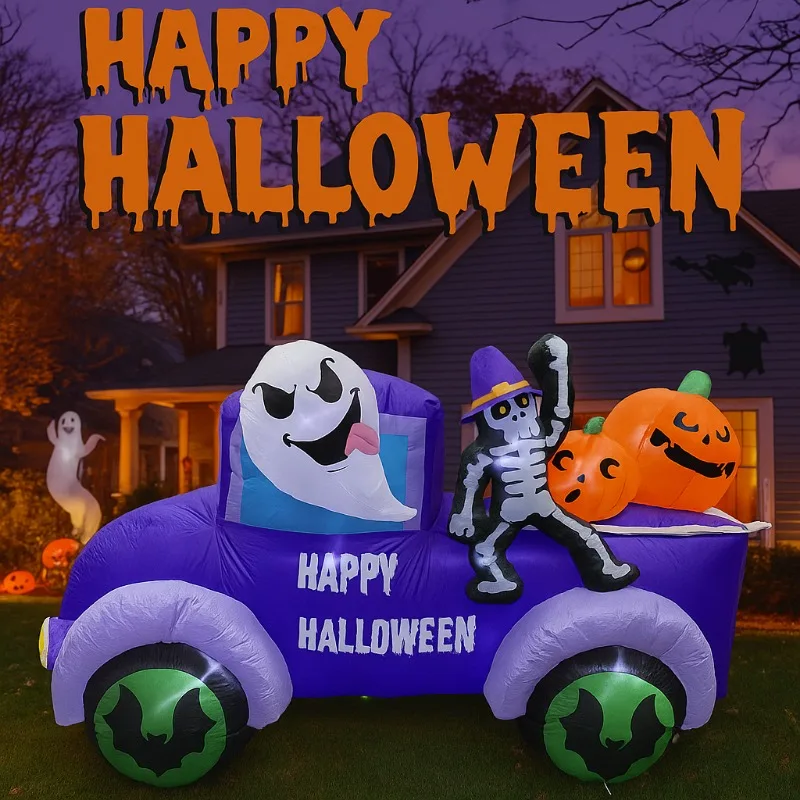 8ft brinquedos infláveis halloween decorações ao ar livre fantasma condução caminhão carro esqueleto abóbora leds embutidos para quintal decoração brilhante