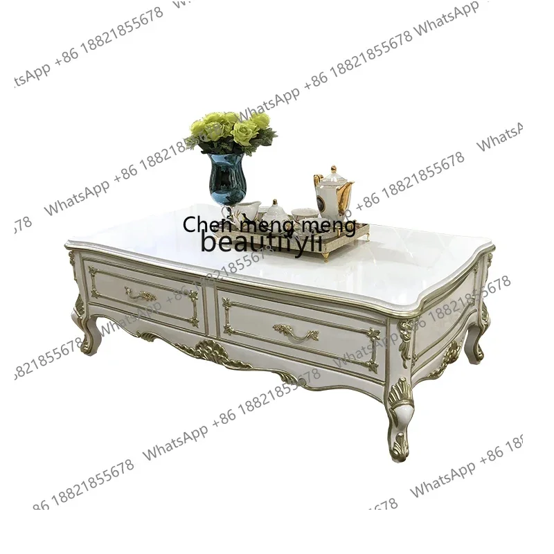 

ss8350 French solid wood coffee table, European luxury carved rectangular tea table, living room storage table