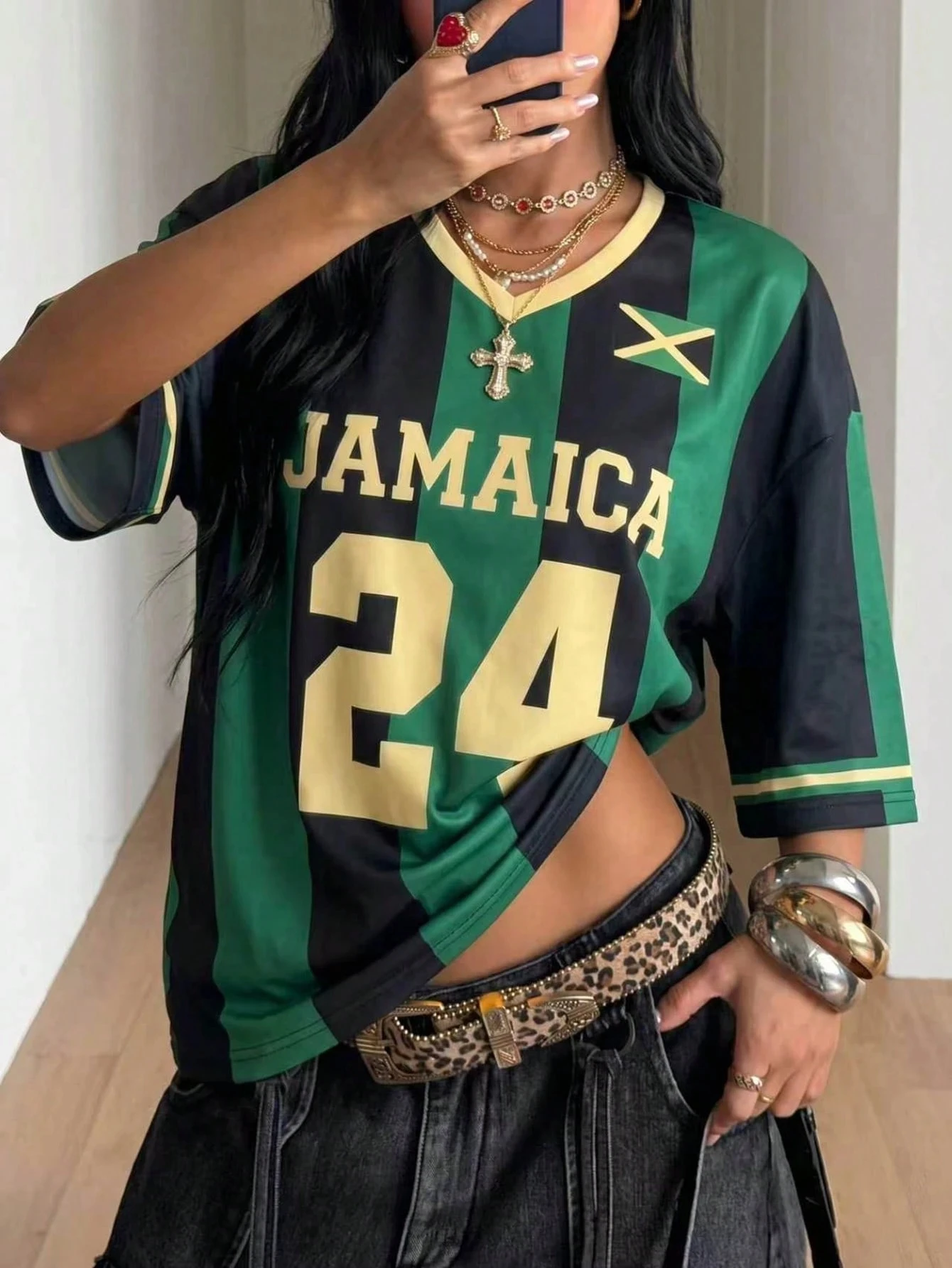 Loose-Fit Top Green Black Women's Jersey Striped T-Shirt Summer Casual JAMAICA Style 3D Print Short Sleeve Tops Tee Streetwear