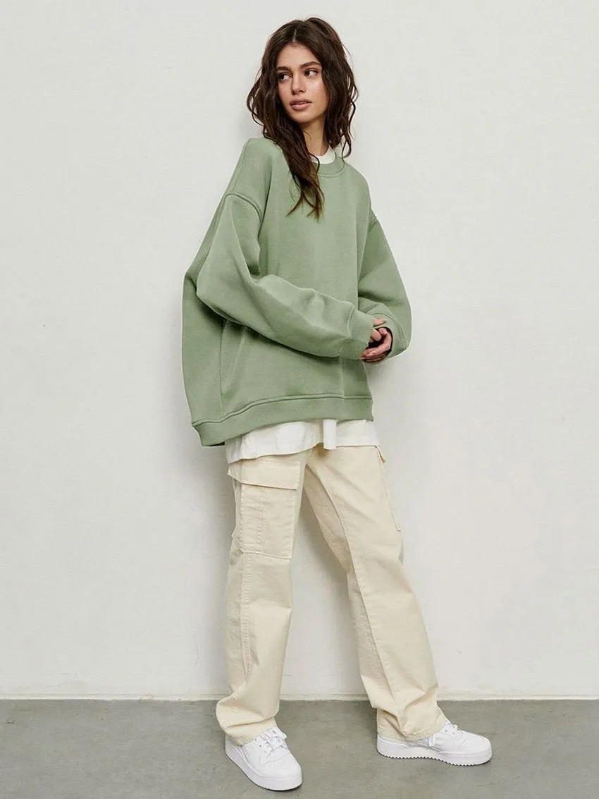 Round Neck Pullover Hoodie Mid Length Alternative Street with Loose Fit Single Regular Thickness Streetwear Women Sweatshirts