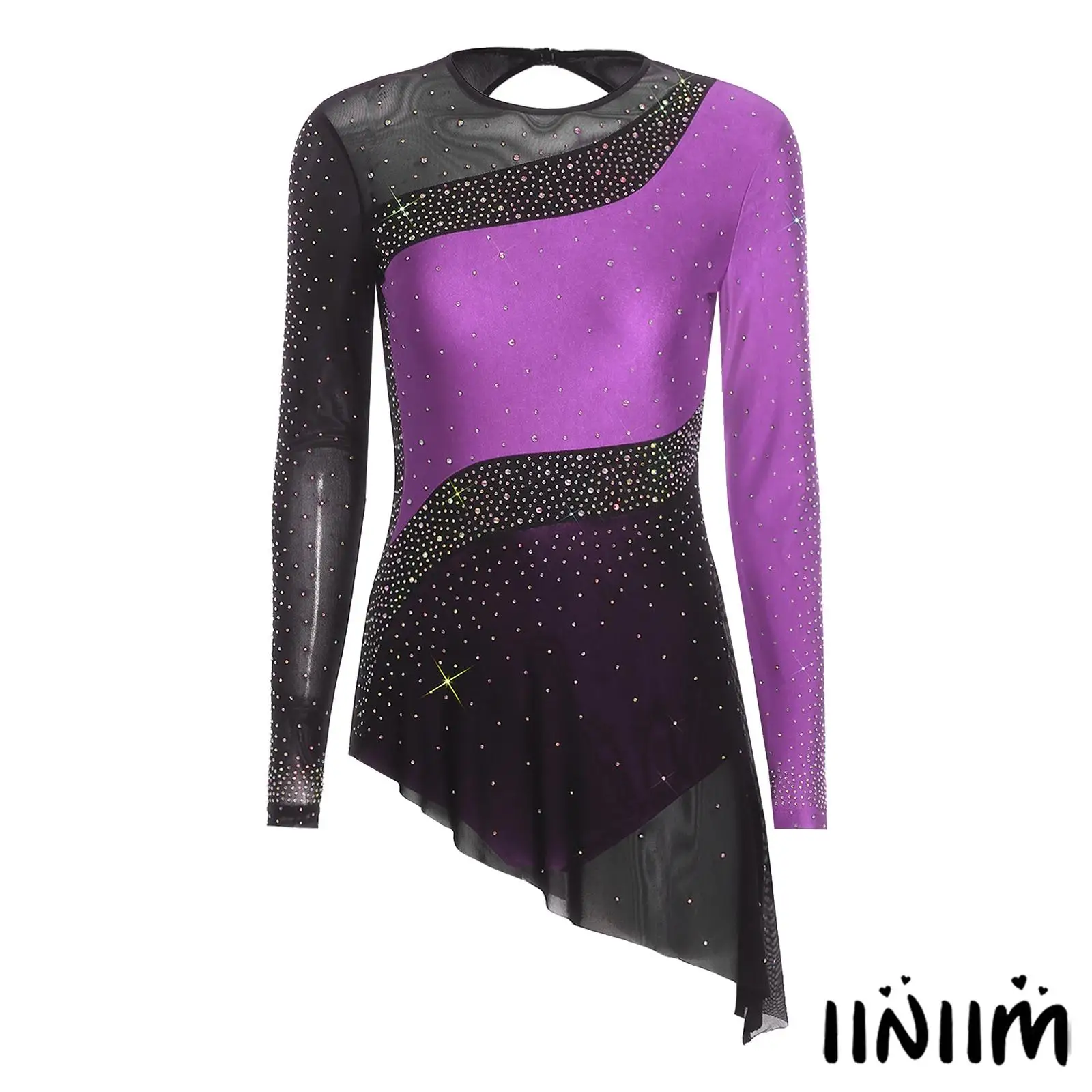 

Womens Lyrical Dance Performance Leotard Dress Rhinestone Long Sleeves Latin Ballet Dance Dress Outfit Figure Skating Dancewear