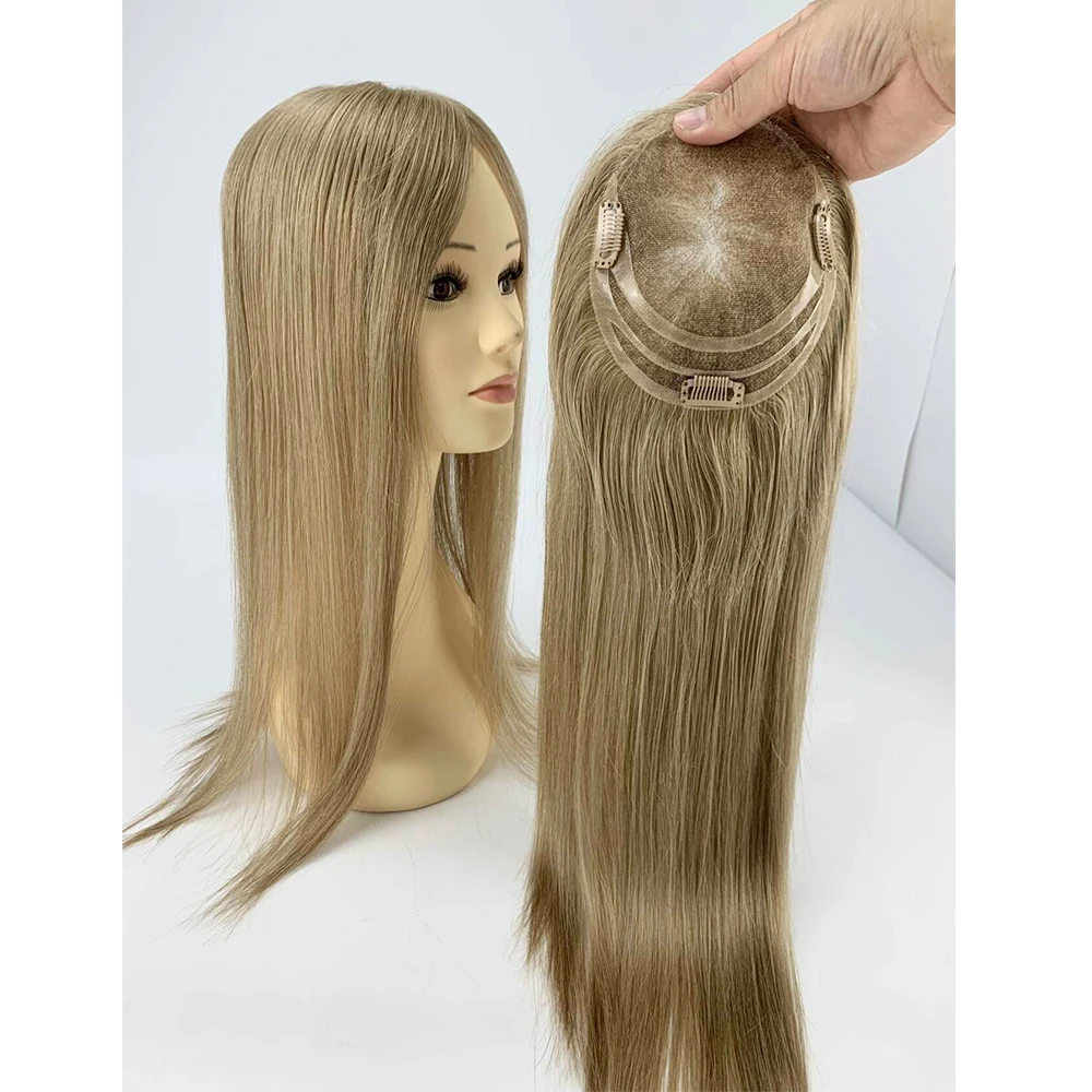 Ready to Ship 5.5x6 Virgin Human Hair Mono Toppers Clip in Blonde Balayage Straight Full Hand Made Topper for Women