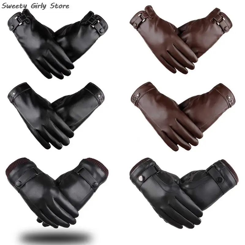 

Men Bright Leather Gloves Motorcycle Racing Car Driving Mittens Full Finger Winter Fashion Guantes Male Adjustable Buckle Gloves