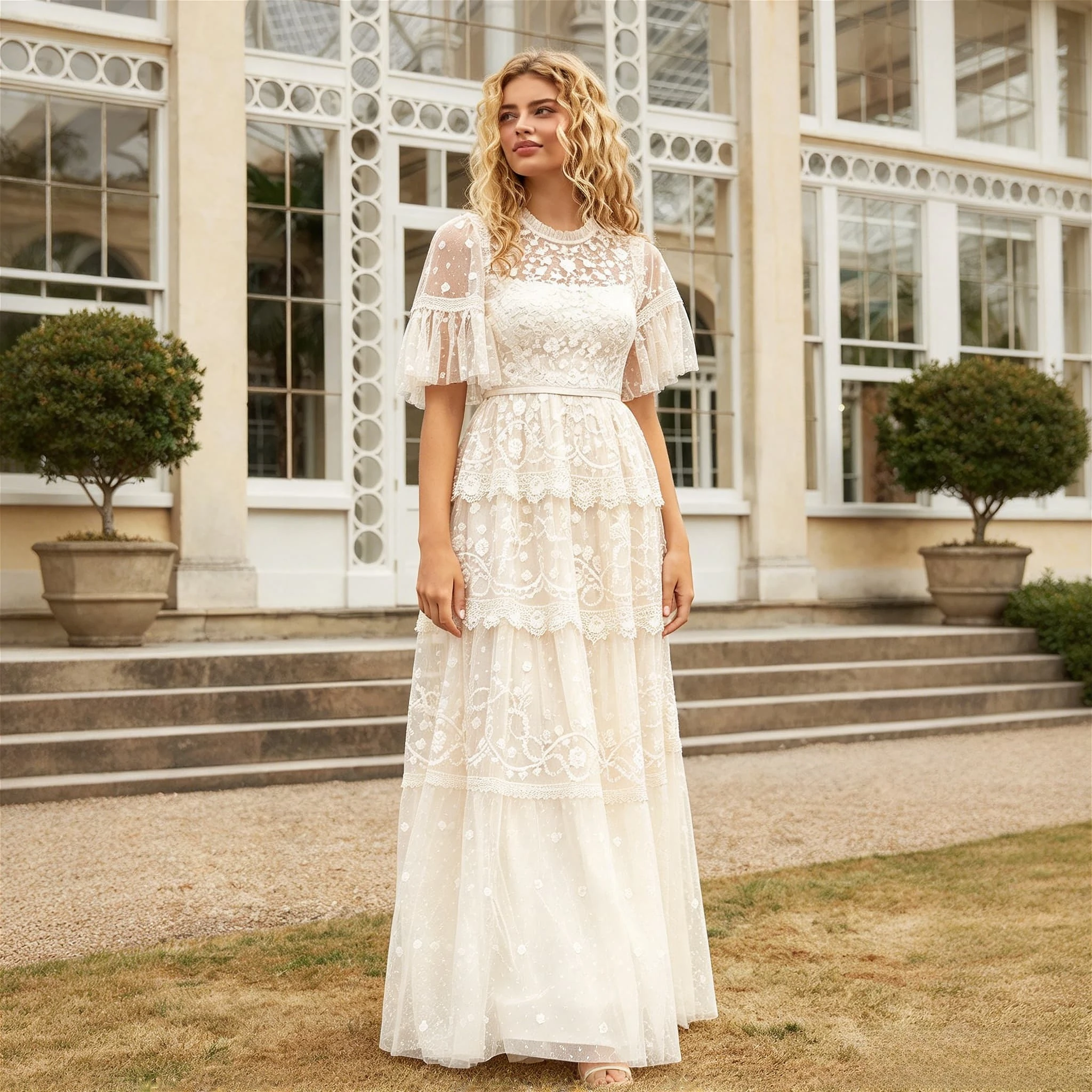 Customized Tiered Tulle Wedding Dress with 3d Flower Lace Applique High Neck Flutter Sleeve A Line Wedding Party Evening Dresses