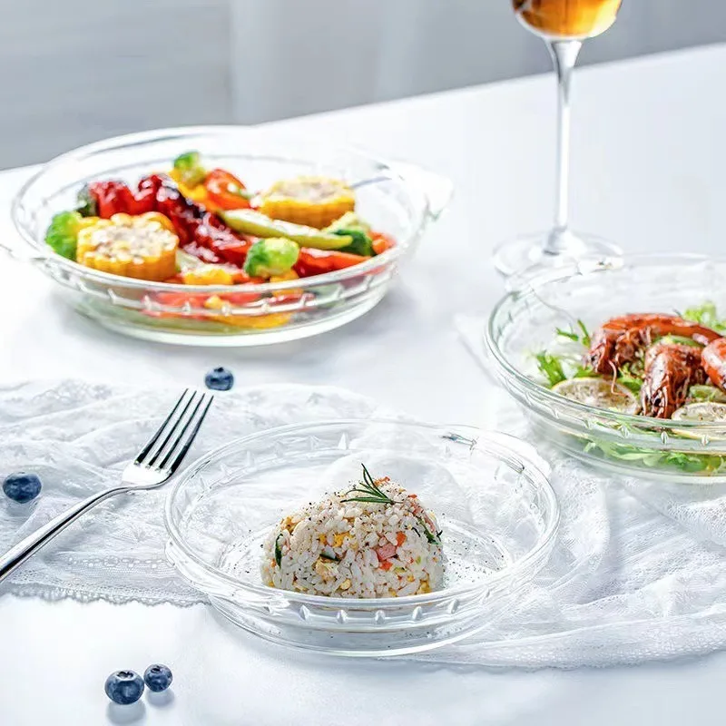 Placa redonda de vidrio de alto borosilicato: plato transparente resistente al calor para uso doméstico, perfecto para platos fríos y horno microondas