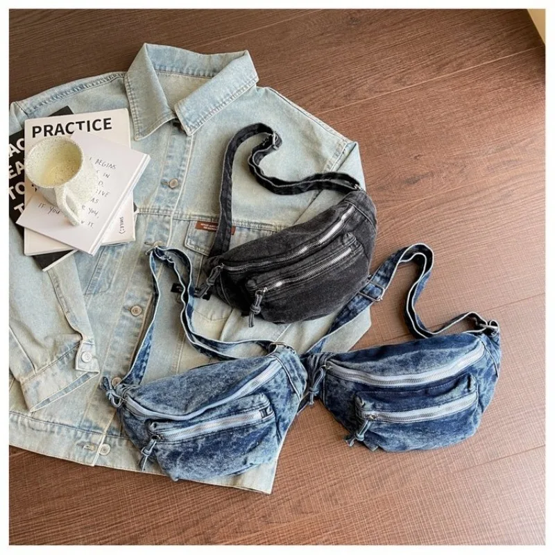 Damen Vintage Washed Denim Tasche mit Mehreren Taschen, Verstellbarer Riemen Crossbody Gürteltasche für Tägliche Aufgaben und Outdoor-Aktivitäten – Detail 4