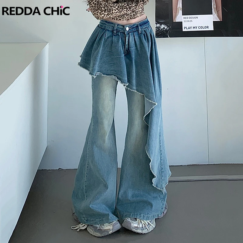 ReddaChic Tall Girl Y2k Skirt Overlay Flare Jeans Trailing Raw Edge Asymmetrical BootCut Wide Leg Pants Vintage Women Streetwear