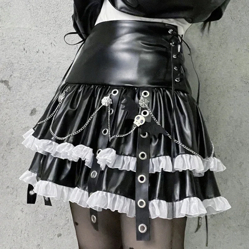 2025 estilo japonês Spice Girl subcultura punk escuro harajuku saia de couro cinta renda cintura alta uma linha saia de bolo fino