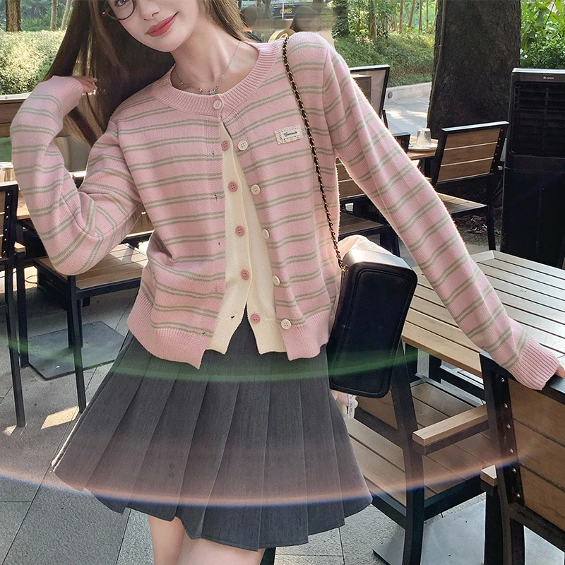 

Женские осенне-зимние однобортные пальто с круглым вырезом, женский милый розовый полосатый вязаный кардиган, женский модный искусственный кардиган из двух предметов